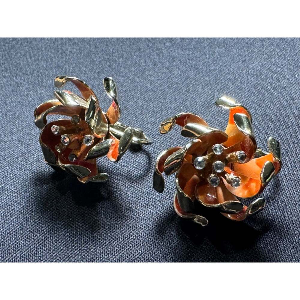 Vintage Coro Orange Enamel Flower Clip On Earrings Gold Tone Rhinestone Centers